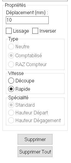 Caractéristiques des mouvements du cycle de découpe